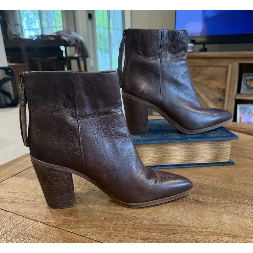 Franco Sarto Marmalade Bootie 8.5 Brown Leather Pointed Toe Block Heel